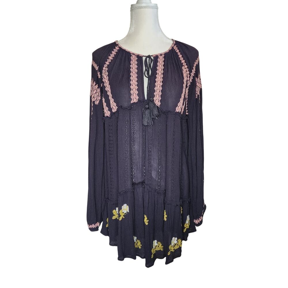 Free People Black Wild Horses Boho Peasant Mini Dress Size